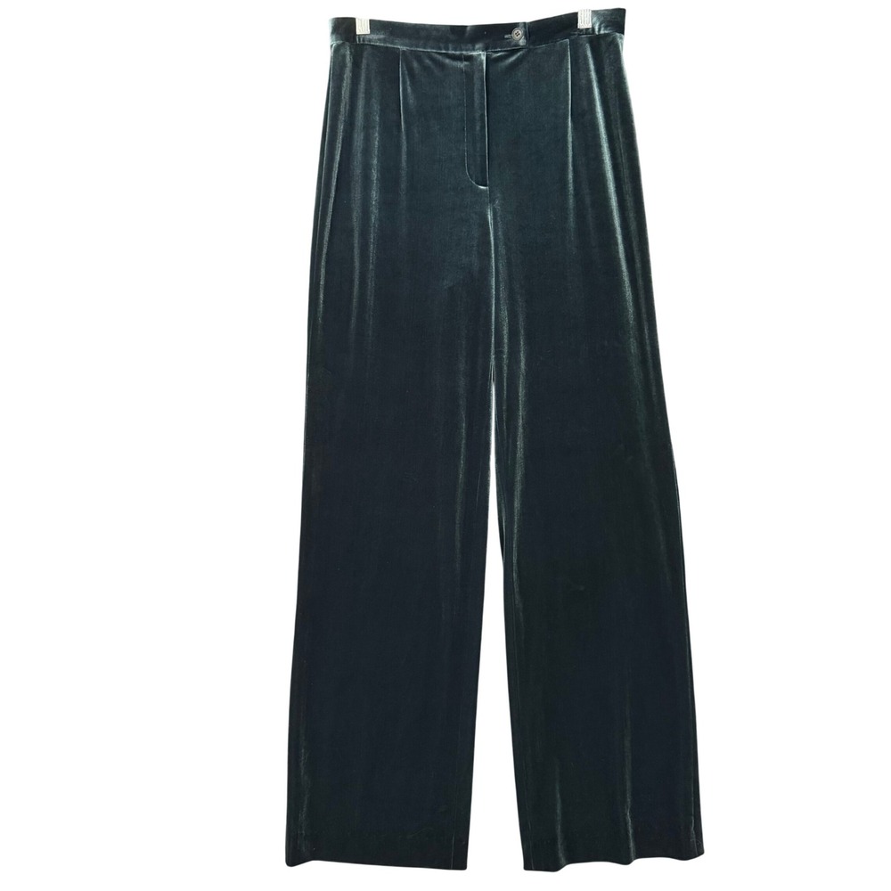 Worth Velvet Pants Women 10 Green Teal Wide Leg Stretch Dress Holiday Party Tall